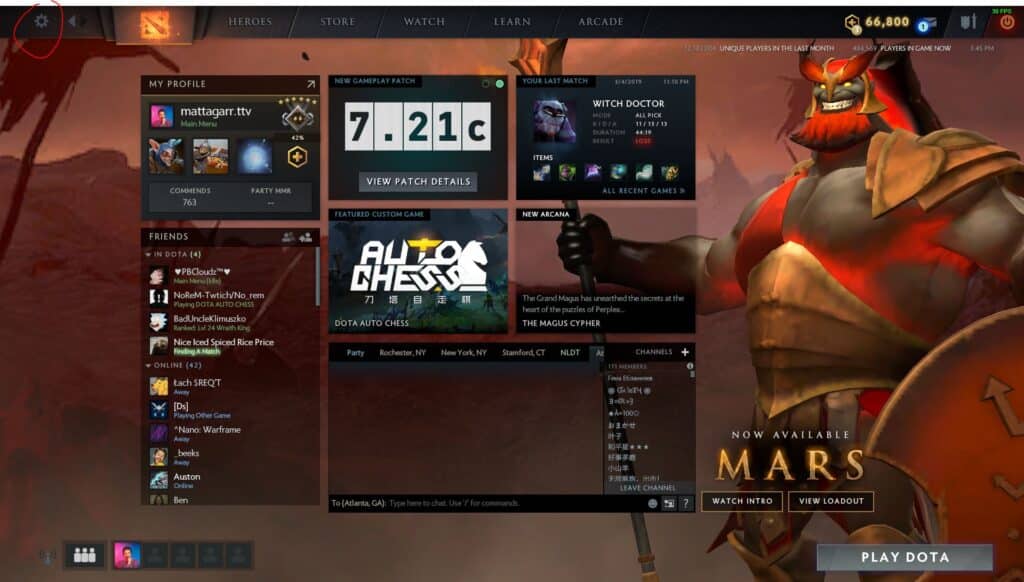At the main screen, select the Gear (top left).