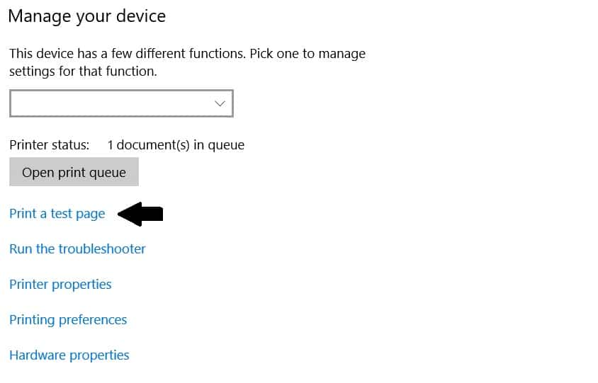 “Printers and scanners” setting and clicking “Manage”