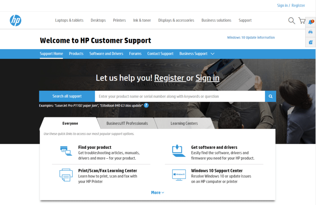 HP Customer Support site