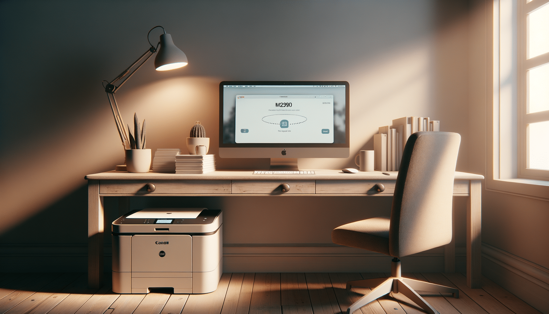 Minimalistic illustration of computer and Canon MG2900 printer highlighting driver communication and update process
