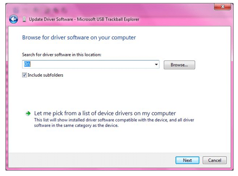 select Browse my computer for the downloaded driver