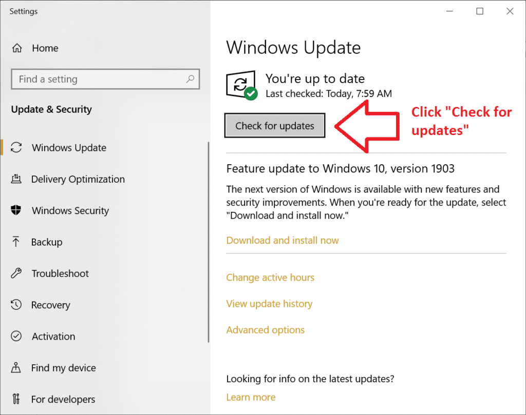 Check for Updates button